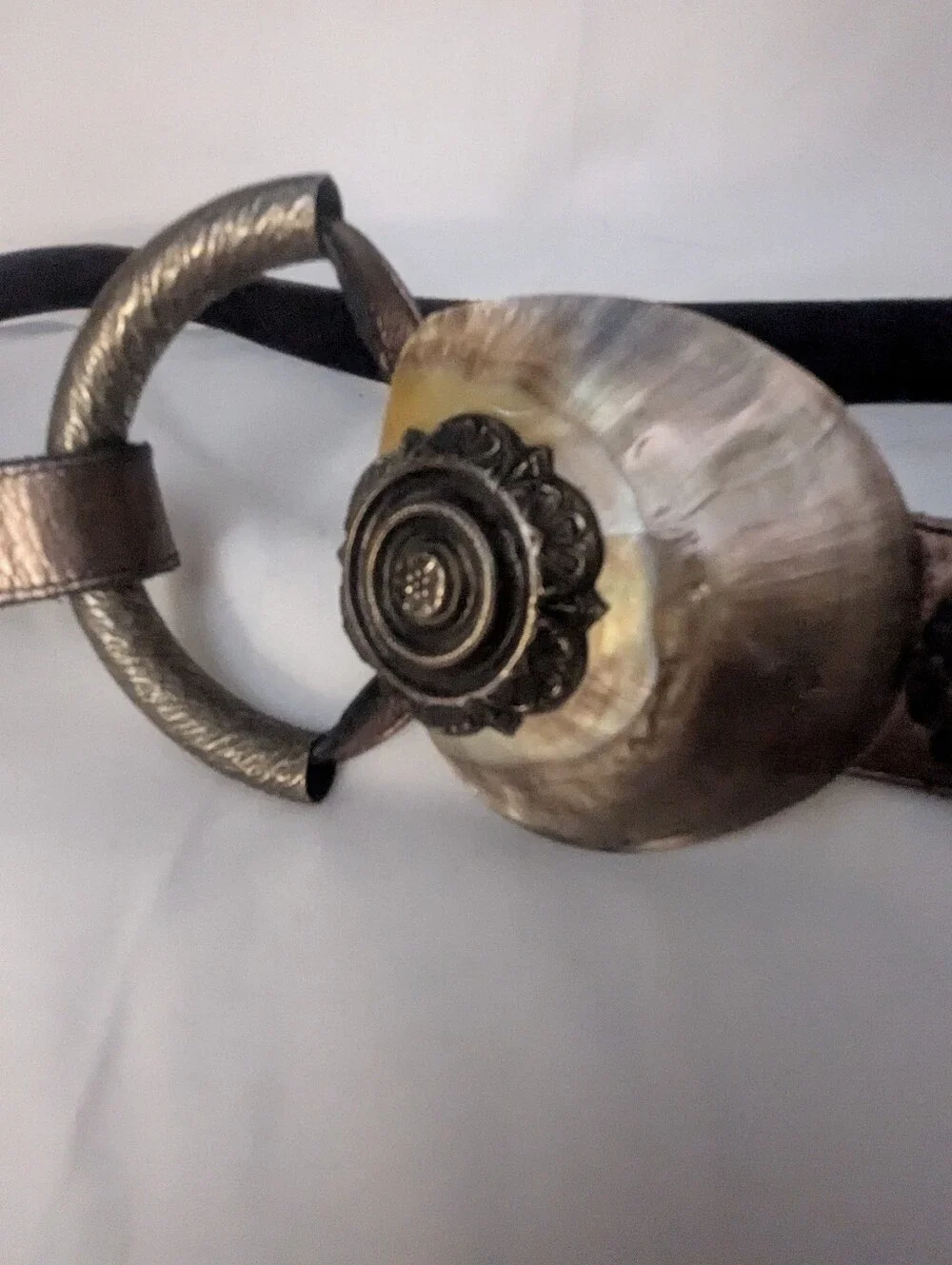 Women's Metallic Bronze Leather Statement Belt Mother Of Pearl Shell Rosette Buc